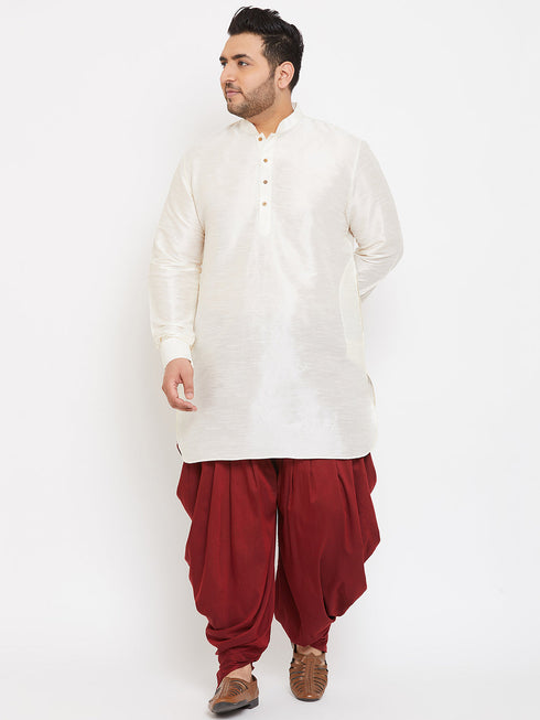 Vastramay Men's Plus Size Cream Silk Blend Curved Kurta Dhoti Set